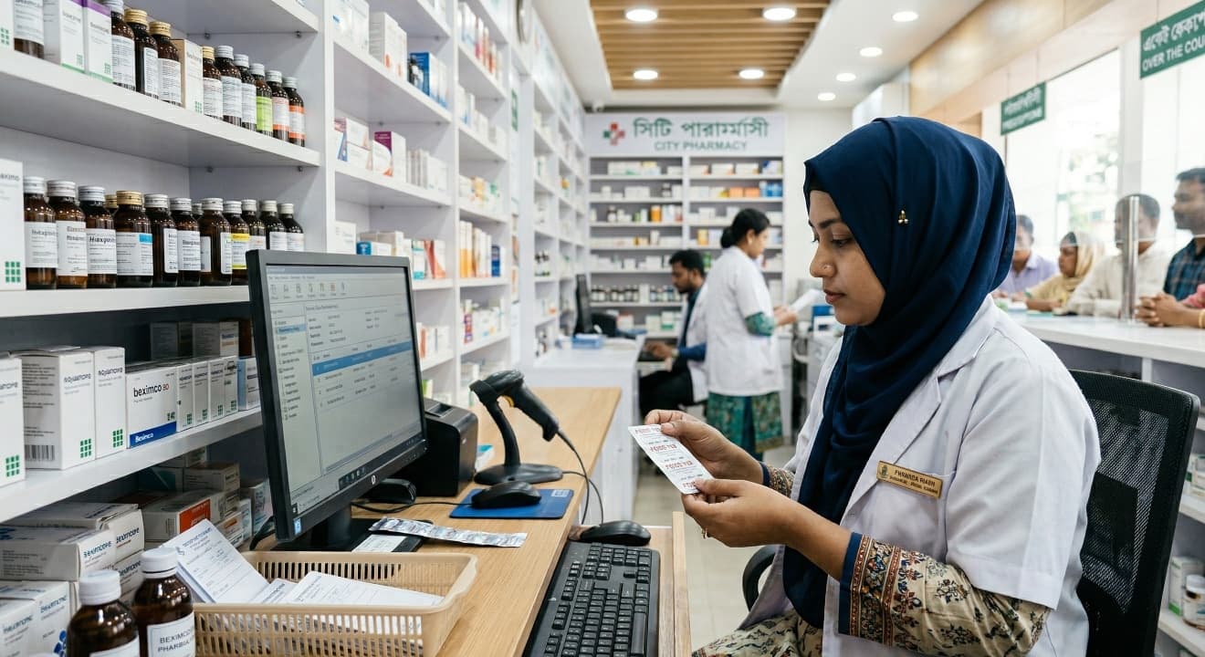 Pharmacy interior with stocked shelves
